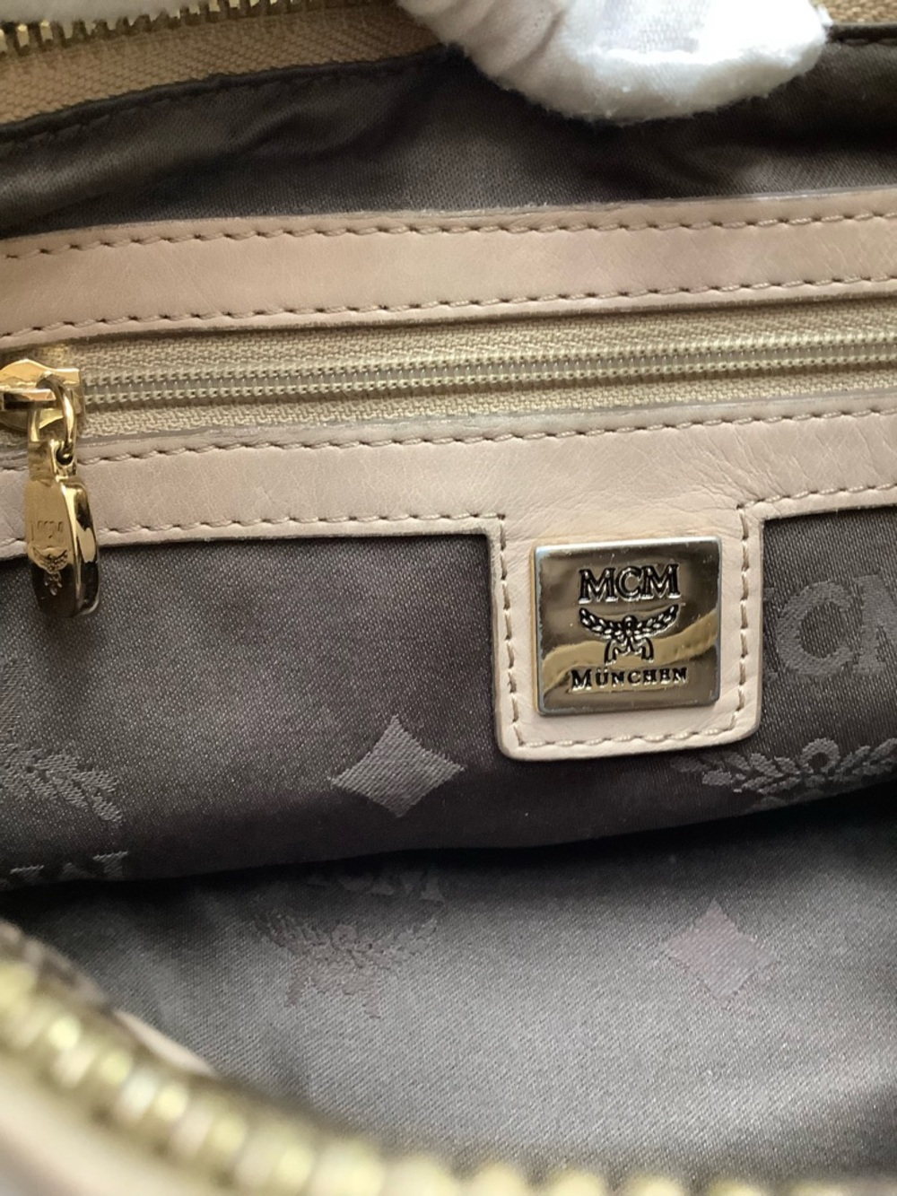 MCM Beige Monogram Signature Coated Canvas Shoulder Bag with Gold Plaque - Picture 9 of 9